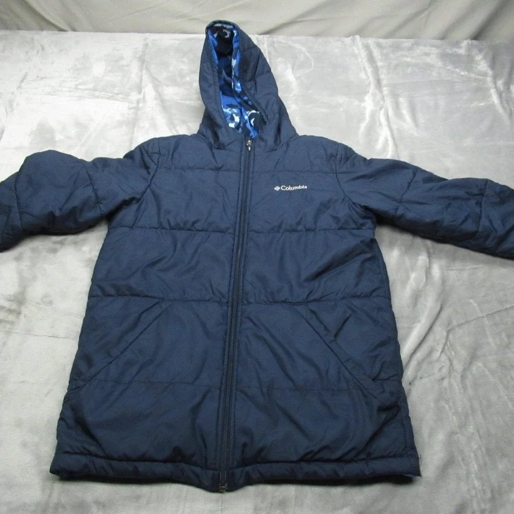 Columbia Jacket Kids XL Blue Camo Reversible Puffer Hooded Insulated Rain Winter
